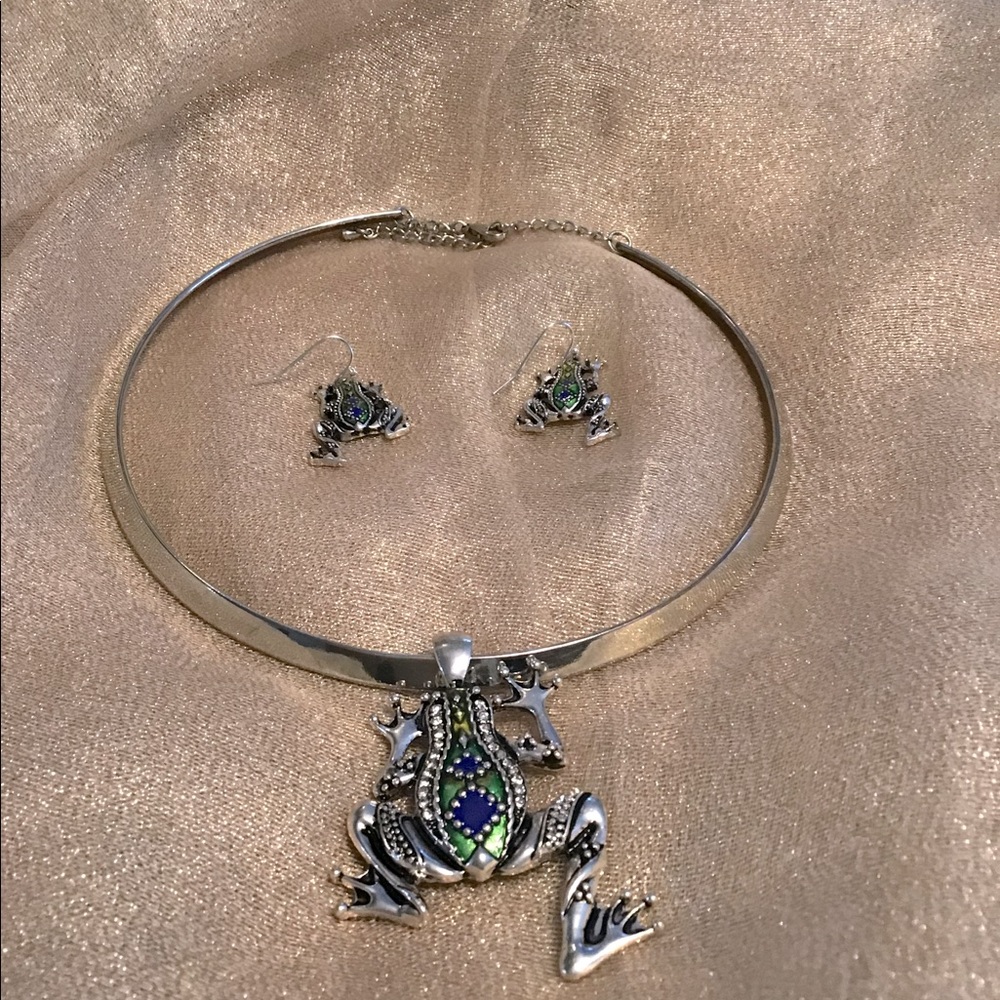 Beautiful slider frog necklace and earrings.